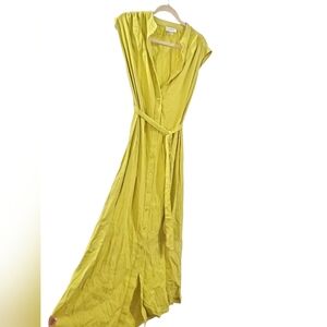 Calvin Klein Yellow Button-Front Linen Maxi Dress with Waist Tie Sz 8